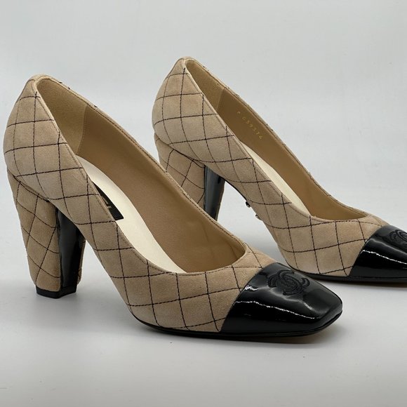 CHANEL 22B Quilted Suede Patent Cap Toe Pumps Heels Shoes - Picture 8 of 14